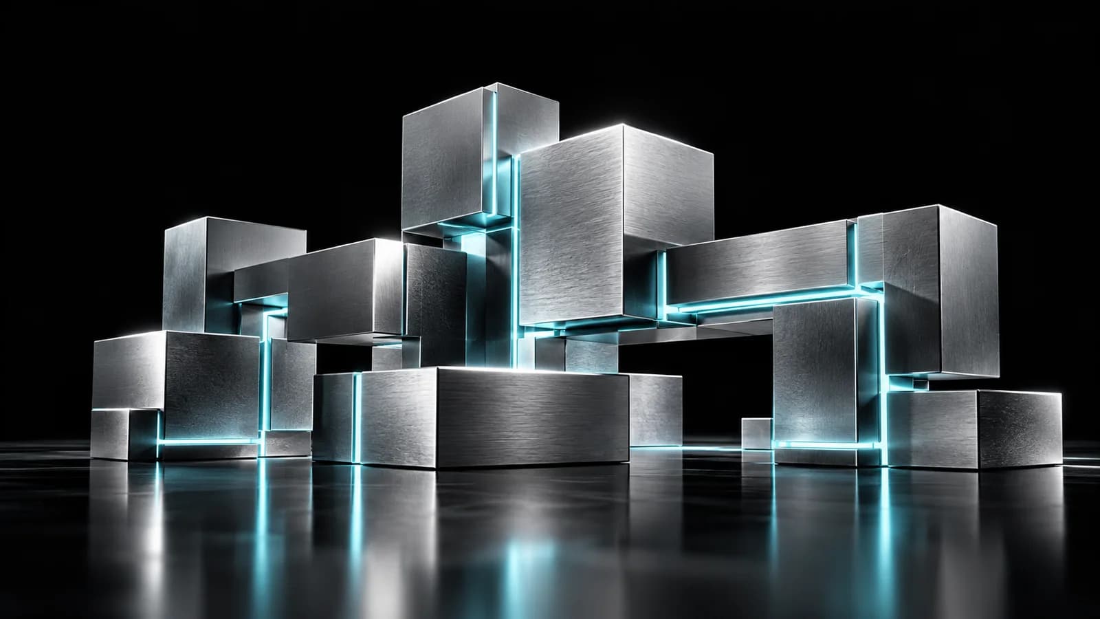 Connected metallic modules with illuminated seams, representing the structure of a software system